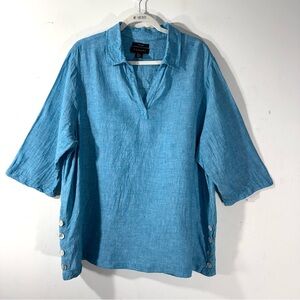 TAHARI Blue 100% Linen‎ Collared Tunic 3/4 Sleeve Side Buttons